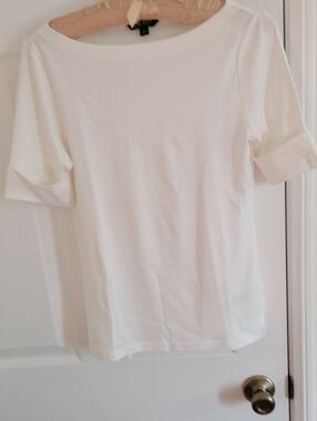 Lauren Ralph Lauren White Boat Neck Short Sleeve Top with cuffed short sleeves.